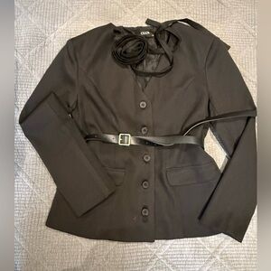Cider Black Women's Tailored Button Blazer with Waist Belt Accent